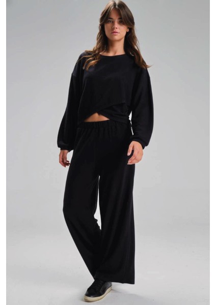 Kadın Uzun Kol Bisiklet Yaka Kruvaze Büzgülü Crop Siyah Ikili Takım C9T2N1