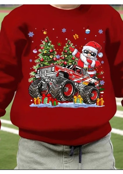 Punıx Özel Tasarım Arabalı Noel Baba Yılbaşı Temalı Baskılı Kışlık 3 Iplik Kalın Erkek Çocuk Sweatshırt