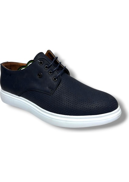 5150-26 Baskı Deri Bağcıklı Erkek Ayakkabı Lacivert Beyaz