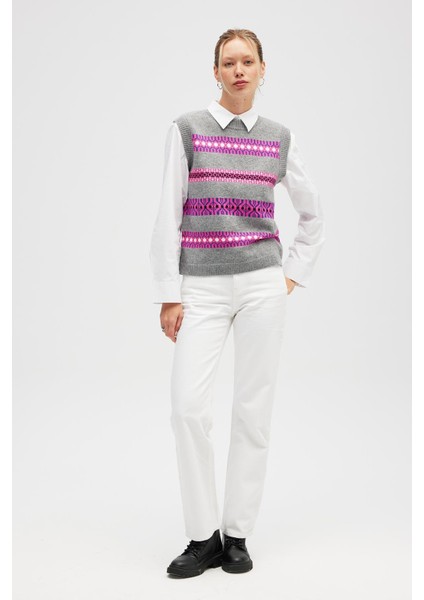 Simone Kadın Jakarlı Triko Süveter - Gri Melanj Multi