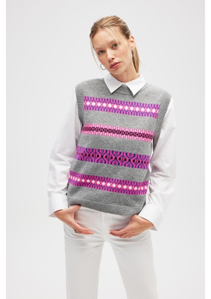 Simone Kadın Jakarlı Triko Süveter - Gri Melanj Multi fiyatları