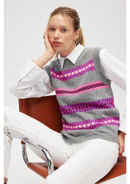 Simone Kadın Jakarlı Triko Süveter - Gri Melanj Multi modelleri