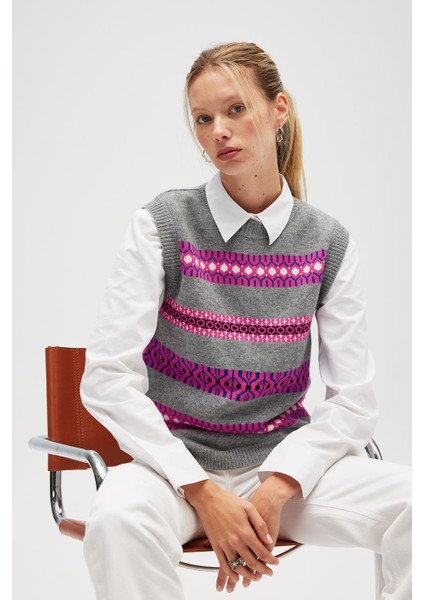 Simone Kadın Jakarlı Triko Süveter - Gri Melanj Multi fırsatları