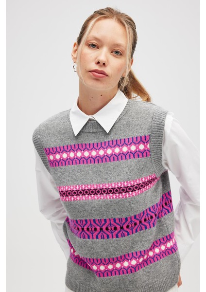 Simone Kadın Jakarlı Triko Süveter - Gri Melanj Multi indirimleri