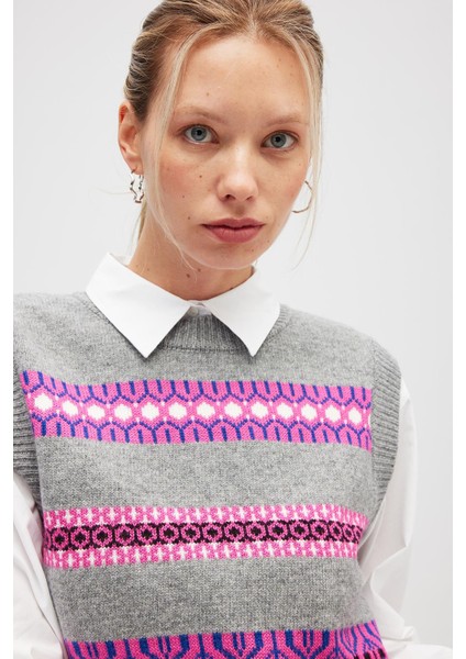 Simone Kadın Jakarlı Triko Süveter - Gri Melanj Multi