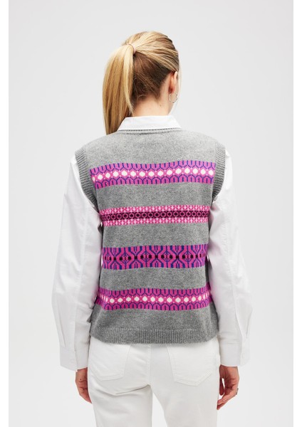 Simone Kadın Jakarlı Triko Süveter - Gri Melanj Multi