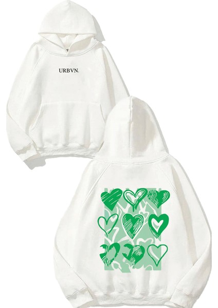 Green Hearts Tasarım Baskılı Oversize Beyaz Kapüşonlu Sweatshirt