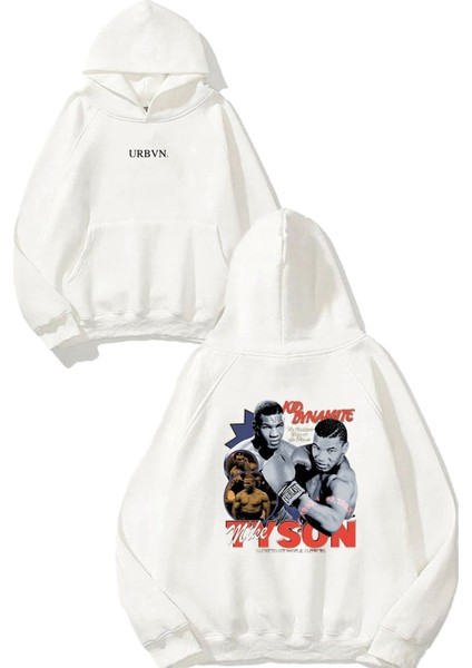 Tyson Tasarım Baskılı Oversize Beyaz Kapüşonlu Sweatshirt