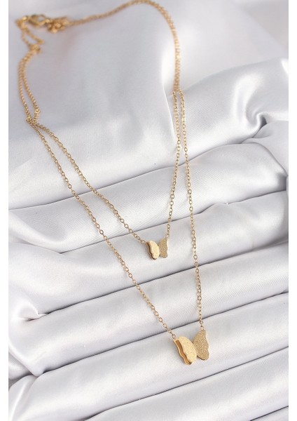 Bfs 316L Çelik Gold Renk 2'li Simli Kelebek Model Kadın Kolye fiyatları