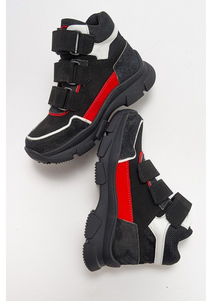 Erkek Çocuk Siyah Hakiki Deri Anatomik Günlük Bot