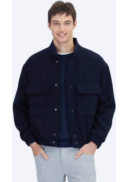 Lacivert Comfort Fit Dik Yaka Casual Dokuma Mont