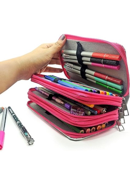 Kalem Kutusu Black Pink Organizer Kalemkutu Vegan Deri Üç Bölmeli Kalemlik-Pembe fırsatları