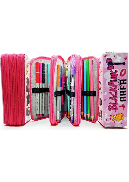 Kalem Kutusu Black Pink Organizer Kalemkutu Vegan Deri Üç Bölmeli Kalemlik-Pembe indirimleri