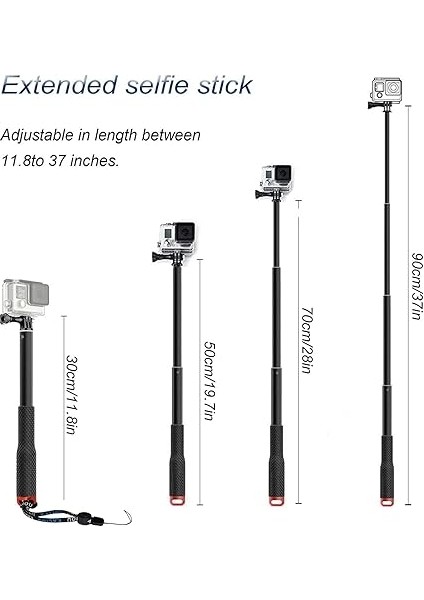 11.8-37 Inç Alüminyum Teleskopik El Monopodu Gopro Hero 13 12 11 10 9 8/akaso EK7000/BRAVE 7/dji Osmo Action 5 Pro/wolfang/surfola/apexcam 4K Eylem Kamera Özçekim Çubuğu ile Uyumlu modelleri
