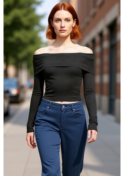 Kadın Carmen Yaka Fitted Viskon Ribana Bluz Düşük Kol Detaylı Casual Günlük Kullanım Için Gri Renk