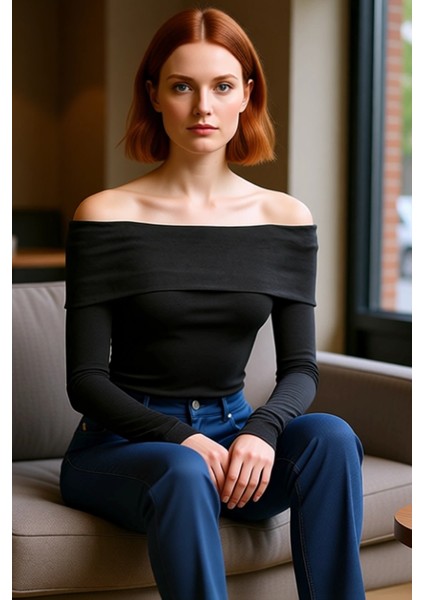 Kadın Carmen Yaka Fitted Viskon Ribana Bluz Düşük Kol Detaylı Casual Günlük Kullanım Için Gri Renk fiyatları