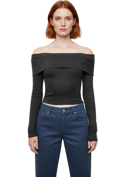 Kadın Carmen Yaka Fitted Viskon Ribana Bluz Düşük Kol Detaylı Casual Günlük Kullanım Için Gri Renk modelleri