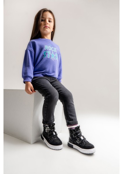 Kız Çocuk Siyah Hakiki Deri Anatomik Günlük Bot