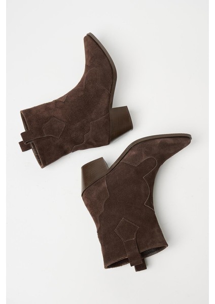 Kahverengi Süet Kadın Sivri Burun Kovboy Bot