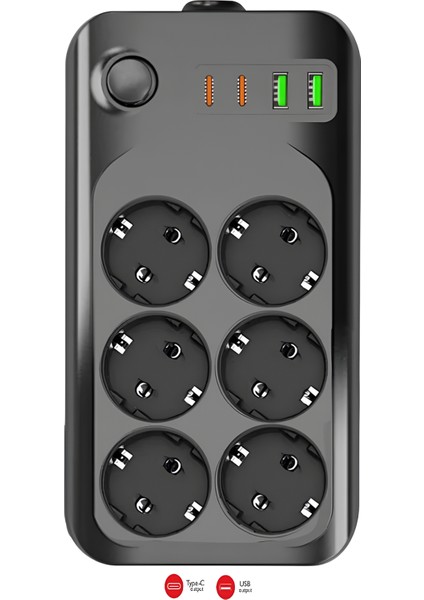 Termal Akım Korumalı USB ve Type-C 2.1A Şarj Çıkışlı 10A 2500W 6'lı Uzatma Grup Priz 2 Metre 3421