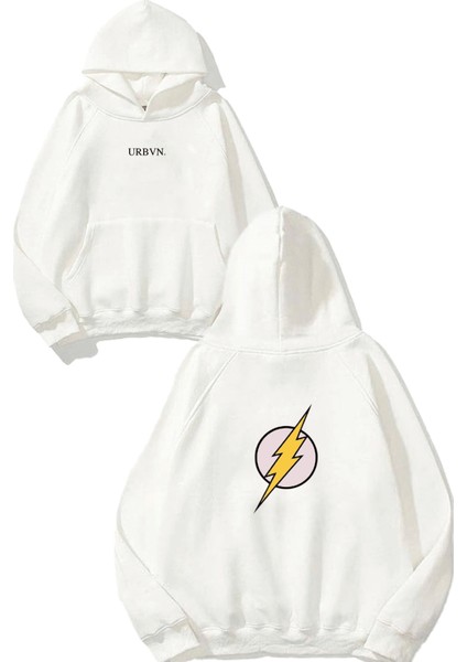 Şimşek 1 Tasarım Baskılı Oversize Beyaz Kapüşonlu Sweatshirt