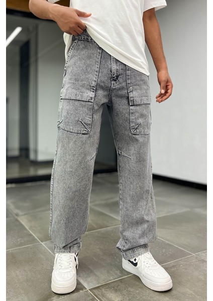 Erkek Gri Baggy Kargo Pantolon