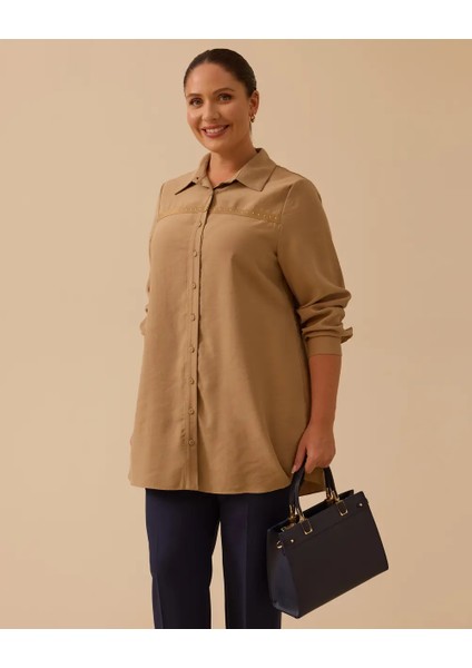 10002521214009 Önden Düğmeli Kolu Şeritli Tunik