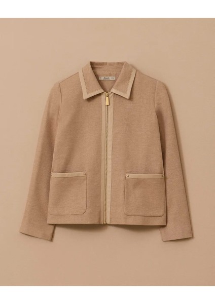 10002521110018 Önden Fermuarlı Yakası ve Cep Uçları Deri Detaylı Kısa Ceket fırsatları
