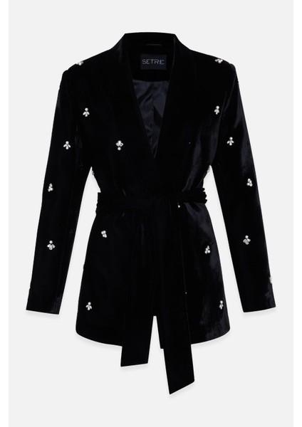 Siyah Taş ve Yaka Detaylı Bağlamalı Ceket