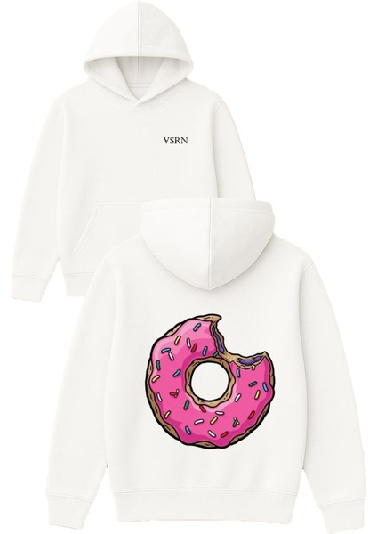 Isırılmış Donat Tasarım Baskılı Oversize Beyaz Kapüşonlu Sweatshirt