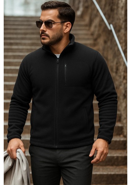 Erkek Fermuarlı Trend Kışlık Cepli Siyah Polar Hırka