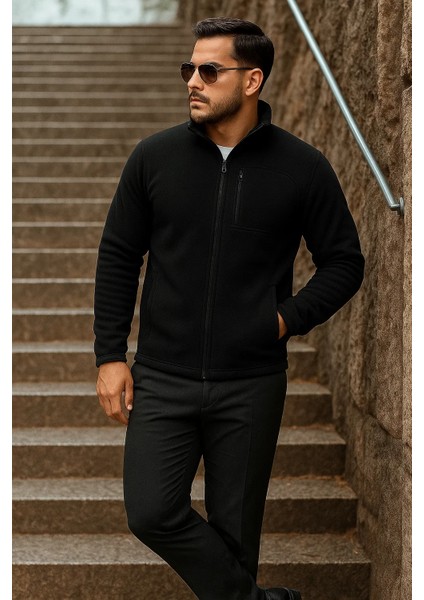 Erkek Fermuarlı Trend Kışlık Cepli Siyah Polar Hırka modelleri