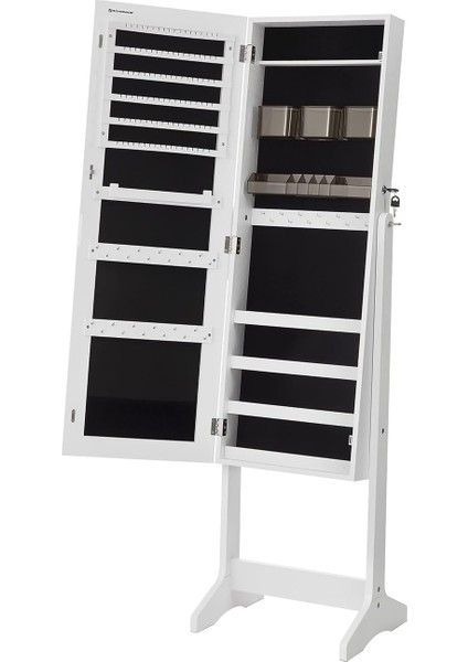 Takı Dolabı, Ayaklı Aynalı Dolap, 2 Ayrı Makyaj Malzemeleri Düzenleyicili, Çerçevesiz Tam Boy Ayna, Kilitlenebilir, Kolyeler, Küpeler, Makyaj Malzemeleri Için, Beyaz, JJC002W01