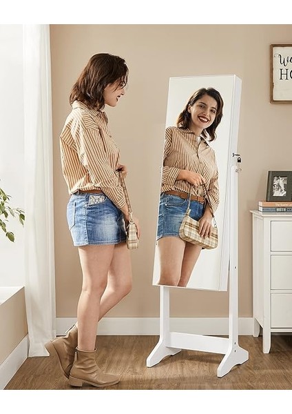 Takı Dolabı, Ayaklı Aynalı Dolap, 2 Ayrı Makyaj Malzemeleri Düzenleyicili, Çerçevesiz Tam Boy Ayna, Kilitlenebilir, Kolyeler, Küpeler, Makyaj Malzemeleri Için, Beyaz, JJC002W01 fiyatları