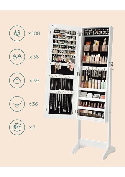 Takı Dolabı, Ayaklı Aynalı Dolap, 2 Ayrı Makyaj Malzemeleri Düzenleyicili, Çerçevesiz Tam Boy Ayna, Kilitlenebilir, Kolyeler, Küpeler, Makyaj Malzemeleri Için, Beyaz, JJC002W01 modelleri