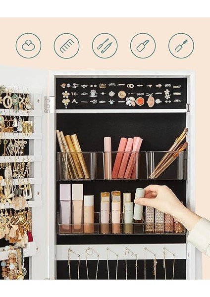 Takı Dolabı, Ayaklı Aynalı Dolap, 2 Ayrı Makyaj Malzemeleri Düzenleyicili, Çerçevesiz Tam Boy Ayna, Kilitlenebilir, Kolyeler, Küpeler, Makyaj Malzemeleri Için, Beyaz, JJC002W01 fırsatları