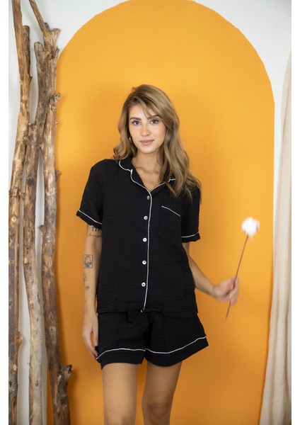 %100 Pamuk Müslin Kadın Şortlu Pijama & Ev Giyim Takımı – Siyah