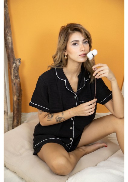 %100 Pamuk Müslin Kadın Şortlu Pijama & Ev Giyim Takımı – Siyah modelleri