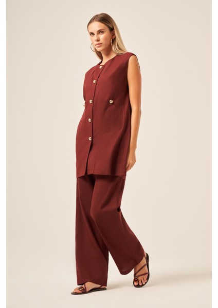Ftz Kadın Keten Ikili Takım Bordo 31195
