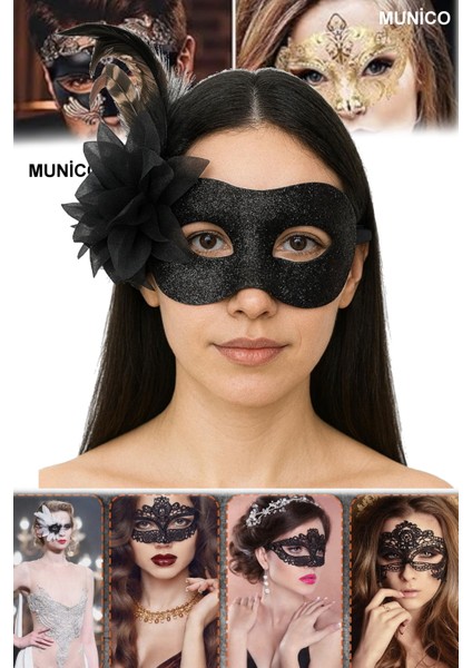 Siyah Renk Tüylü Maske Simli Metalik Yüzeyli, Plastik Gövdeli Maskeli Parti ve Balo Maskesi