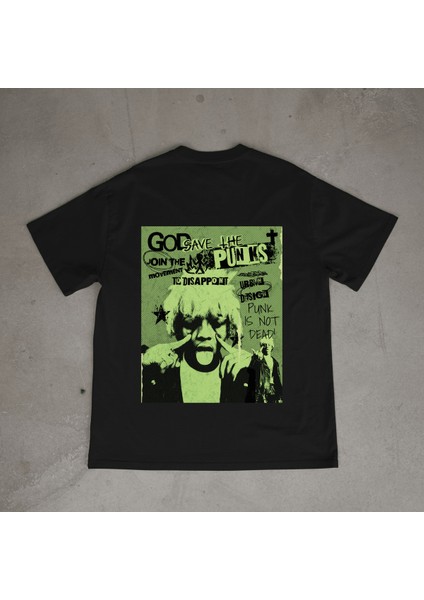 Punk Tasarım Baskılı Siyah Oversize T-Shirt