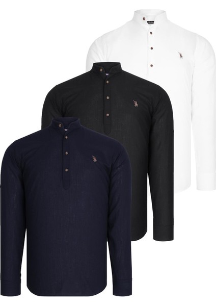 Üçlü Set G783 Dewberry Hakim Yaka Gömlek-Siyah-Beyaz-Lacivert