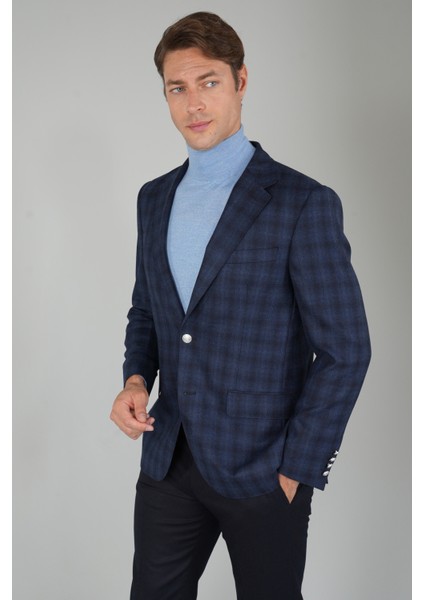 Erkek Mono Yaka 6 Drop Çift Yırtmaçlı Lacivert Yün Ceket PCK25K25204_D39