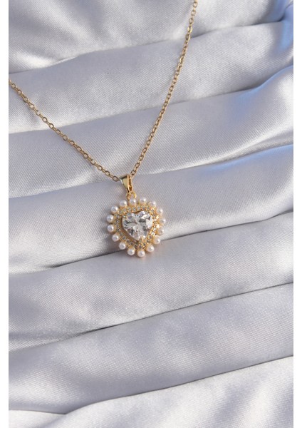 316L Çelik Zincir Gold Renk Incili Zirkon Taşlı Kalp Tasarımlı Kolye - Lisinya