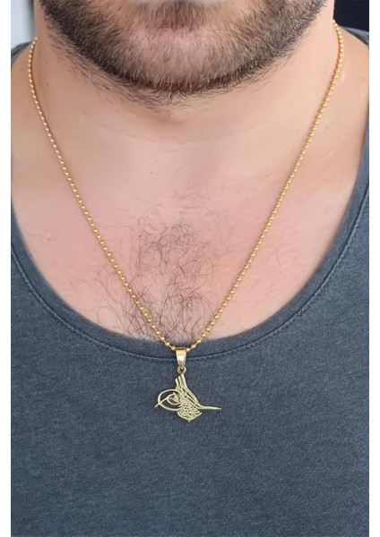 Gold Renk Metal Osmanlı Tuğra Figürlü Erkek Kolye - Lisinya