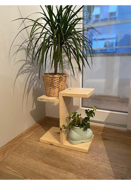 Tasarım Ahşap Dekoratif Mini Saksılık 2 Katlı Raflı Çiçeklik Standı