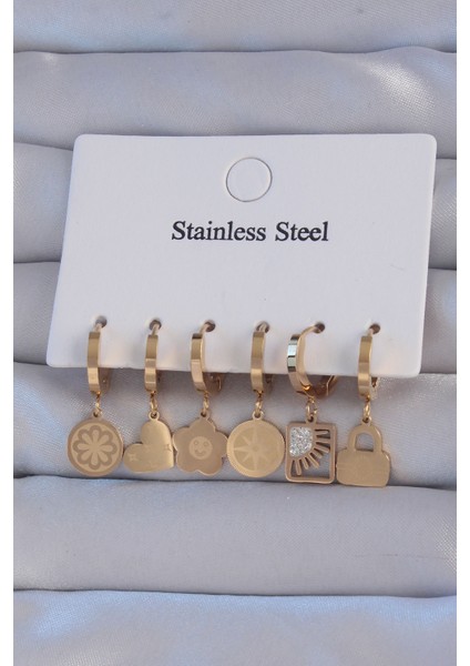 316L Çelik Gold Renk Zirkon Taşlı Çiçek Figürlü Kalp Model Halka Küpe Seti - Lisinya