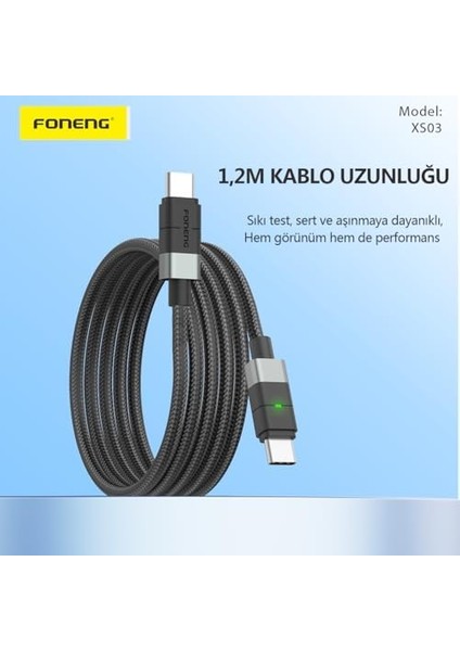 XS03 60W LED Işıklı Type-C To Type-C Şarj ve Kablosu Ip Örgülü modelleri