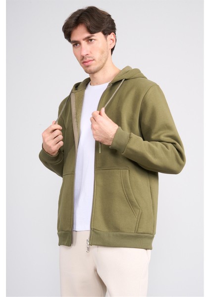 Çetinkaya Mentality 3034 Erkek 3 Iplik Kapüşonlu Fermuarlı Sweatshirt Haki