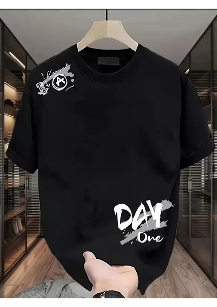 20/1 Penye Compack Day One Baskılı Oversize Bisiklet Yaka T-Shirt - Siyah